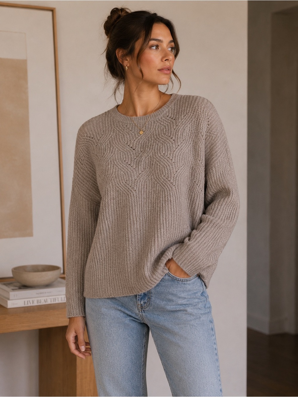 Cynthia Rowley Taupe Knit Textured Sweater Size S Cozy Neutral Minimalist